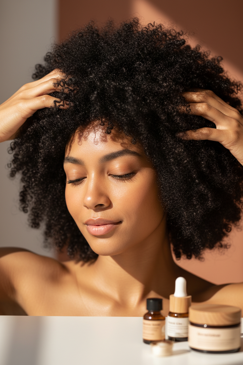 Person with natural afro applying hair oil